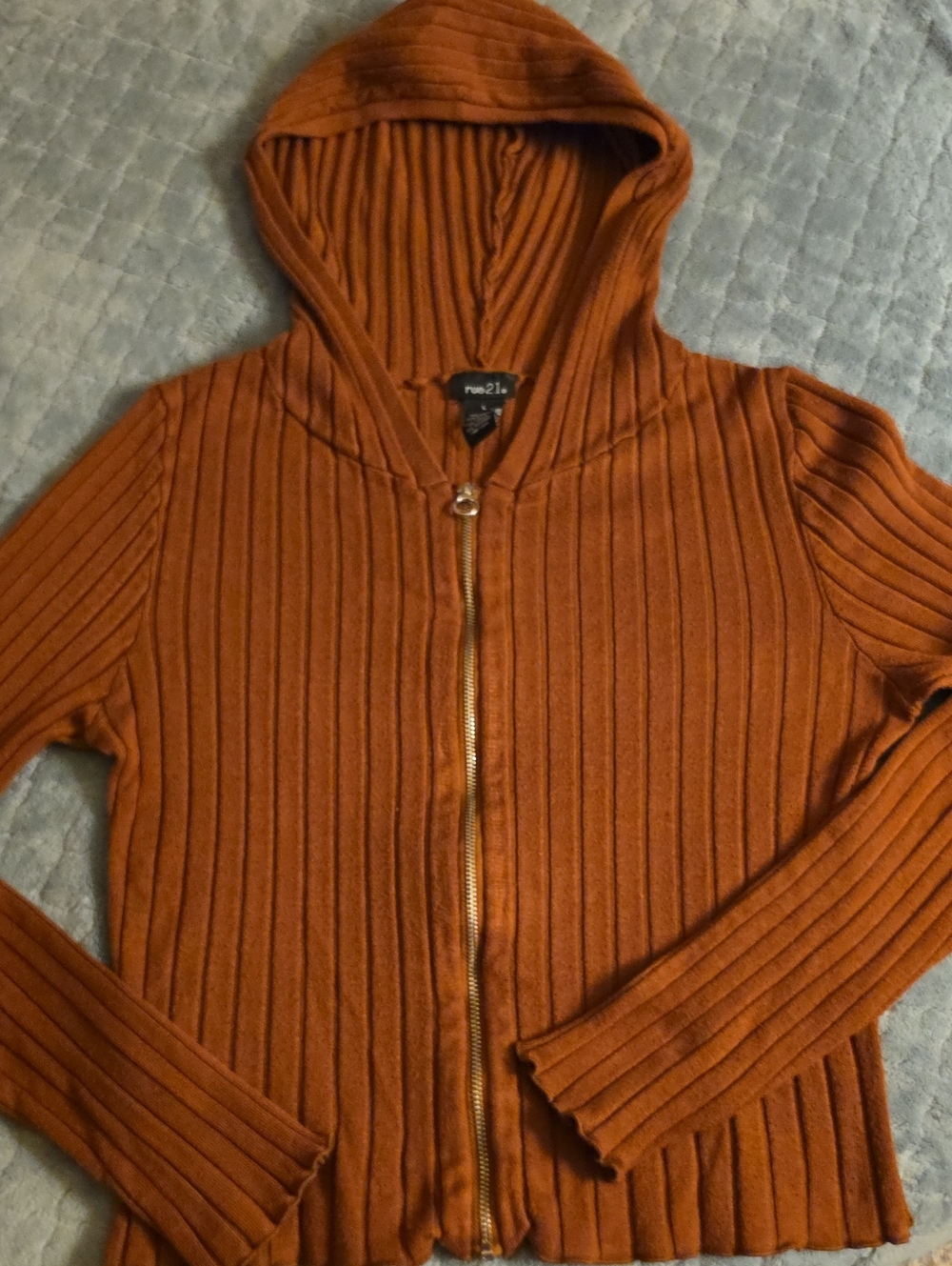 rue21 Rust Orange Ribbed Knit Zip Up Hoodie - Size L